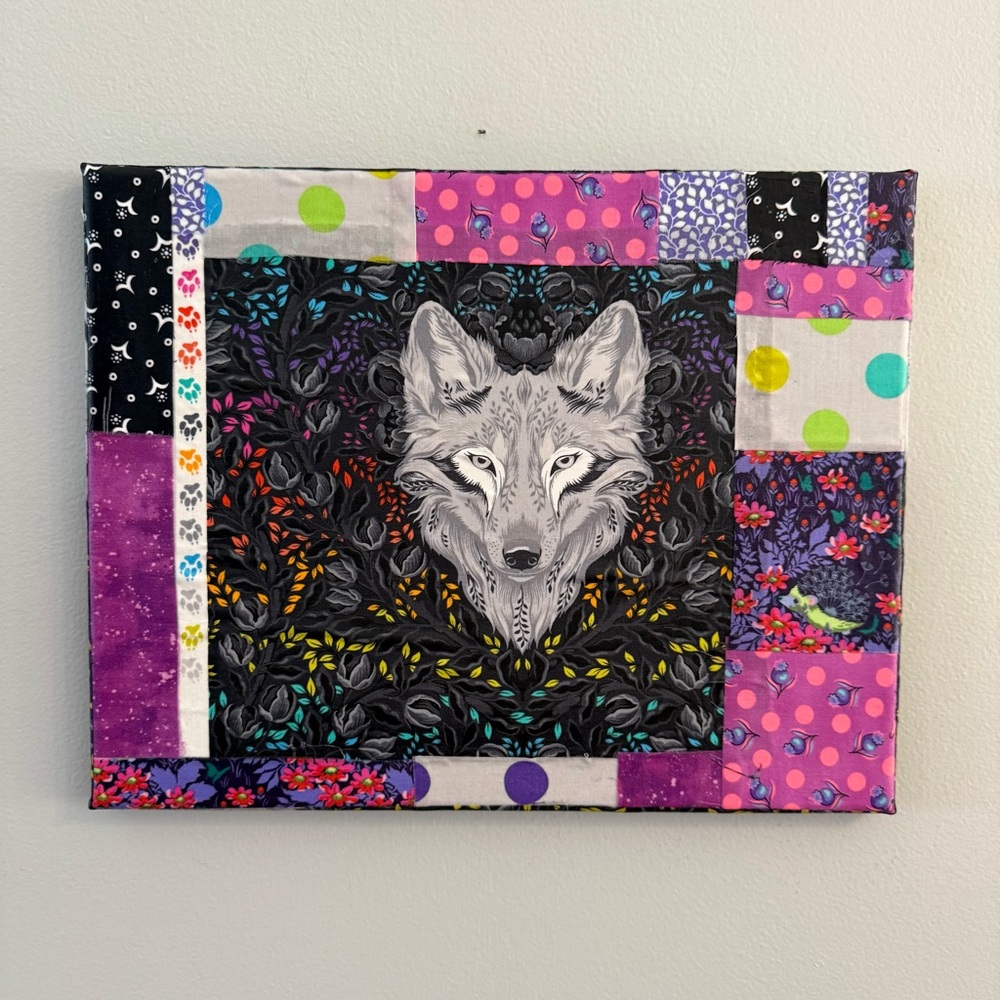 Hand Crafted Canvas Colorful Fabric Art Wolf  11x14
